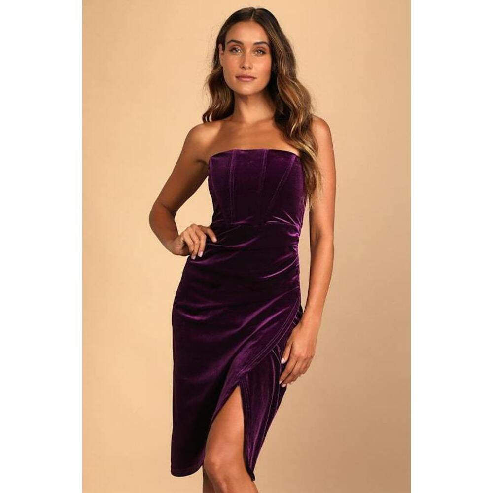 Lulus Glamorous Celebrations Dark Purple Velvet Strapless Tulip Dress - Size XS